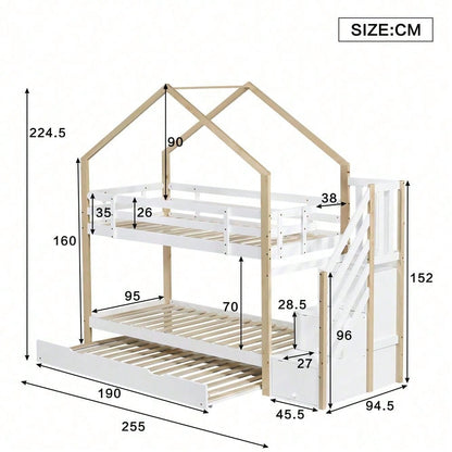 Etagenbett, Ausziehbares Baumhausbett, Schiebebett, Treppe mit 3 Schubladen, Kinderbett mit Absturzsicherung und Kinderbettgitter, mit Lattenroste, Natur+Weiß (90x200cm&90x190cm)