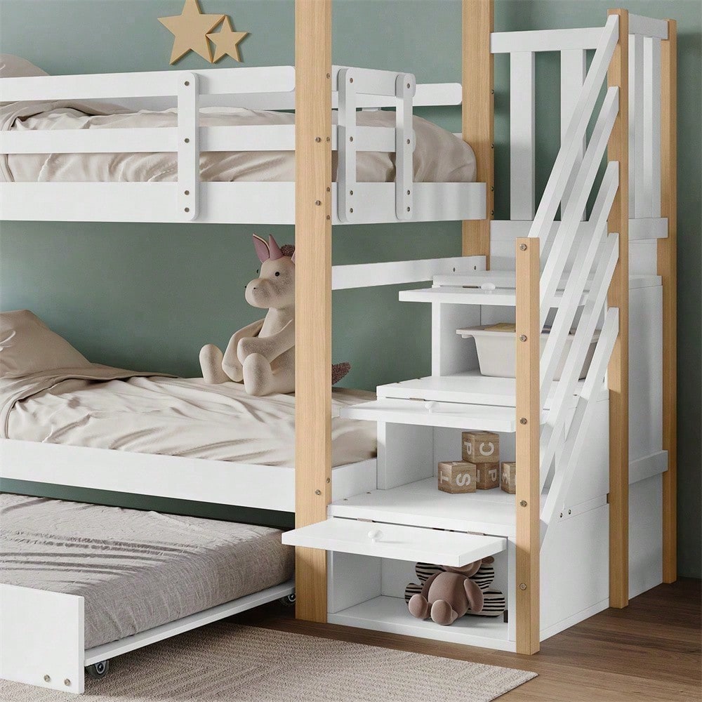 Etagenbett, Ausziehbares Baumhausbett, Schiebebett, Treppe mit 3 Schubladen, Kinderbett mit Absturzsicherung und Kinderbettgitter, mit Lattenroste, Natur+Weiß (90x200cm&90x190cm)
