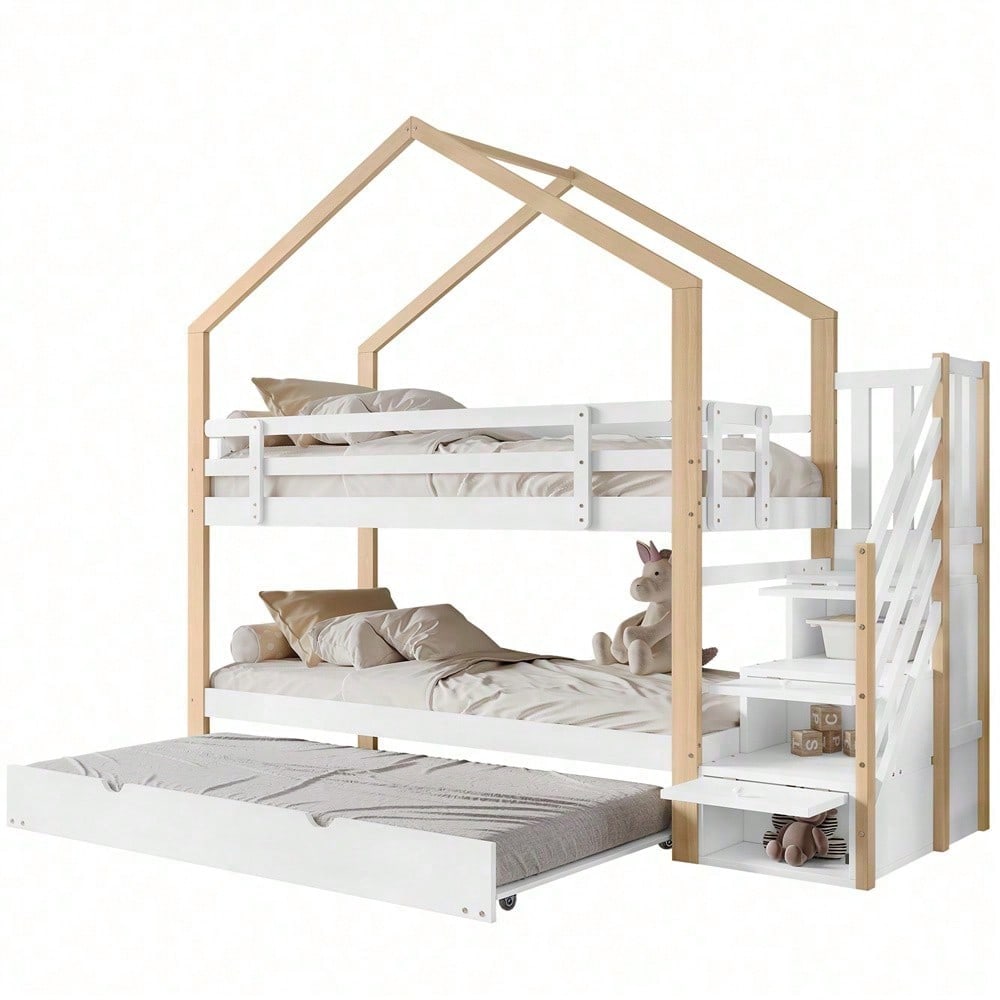Etagenbett, Ausziehbares Baumhausbett, Schiebebett, Treppe mit 3 Schubladen, Kinderbett mit Absturzsicherung und Kinderbettgitter, mit Lattenroste, Natur+Weiß (90x200cm&90x190cm)