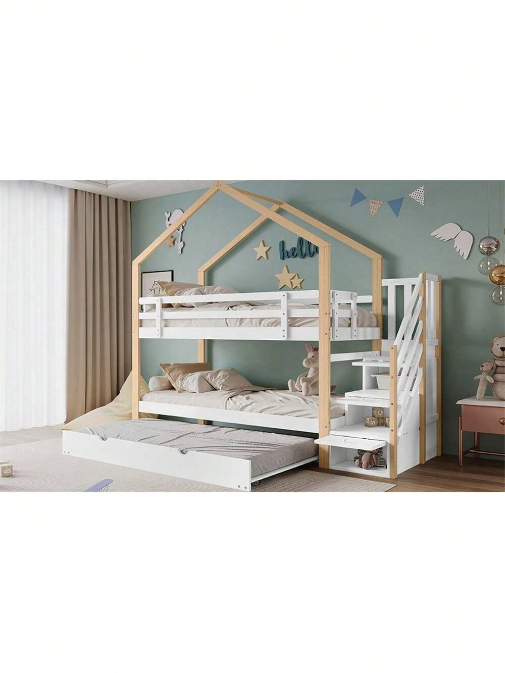 Etagenbett, Ausziehbares Baumhausbett, Schiebebett, Treppe mit 3 Schubladen, Kinderbett mit Absturzsicherung und Kinderbettgitter, mit Lattenroste, Natur+Weiß (90x200cm&90x190cm)