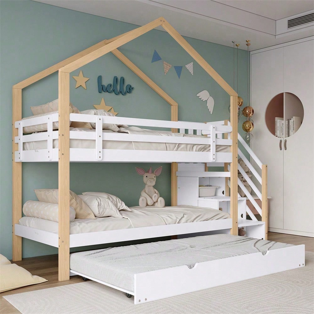 Etagenbett, Ausziehbares Baumhausbett, Schiebebett, Treppe mit 3 Schubladen, Kinderbett mit Absturzsicherung und Kinderbettgitter, mit Lattenroste, Natur+Weiß (90x200cm&90x190cm)