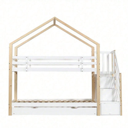 Etagenbett, Ausziehbares Baumhausbett, Schiebebett, Treppe mit 3 Schubladen, Kinderbett mit Absturzsicherung und Kinderbettgitter, mit Lattenroste, Natur+Weiß (90x200cm&90x190cm)