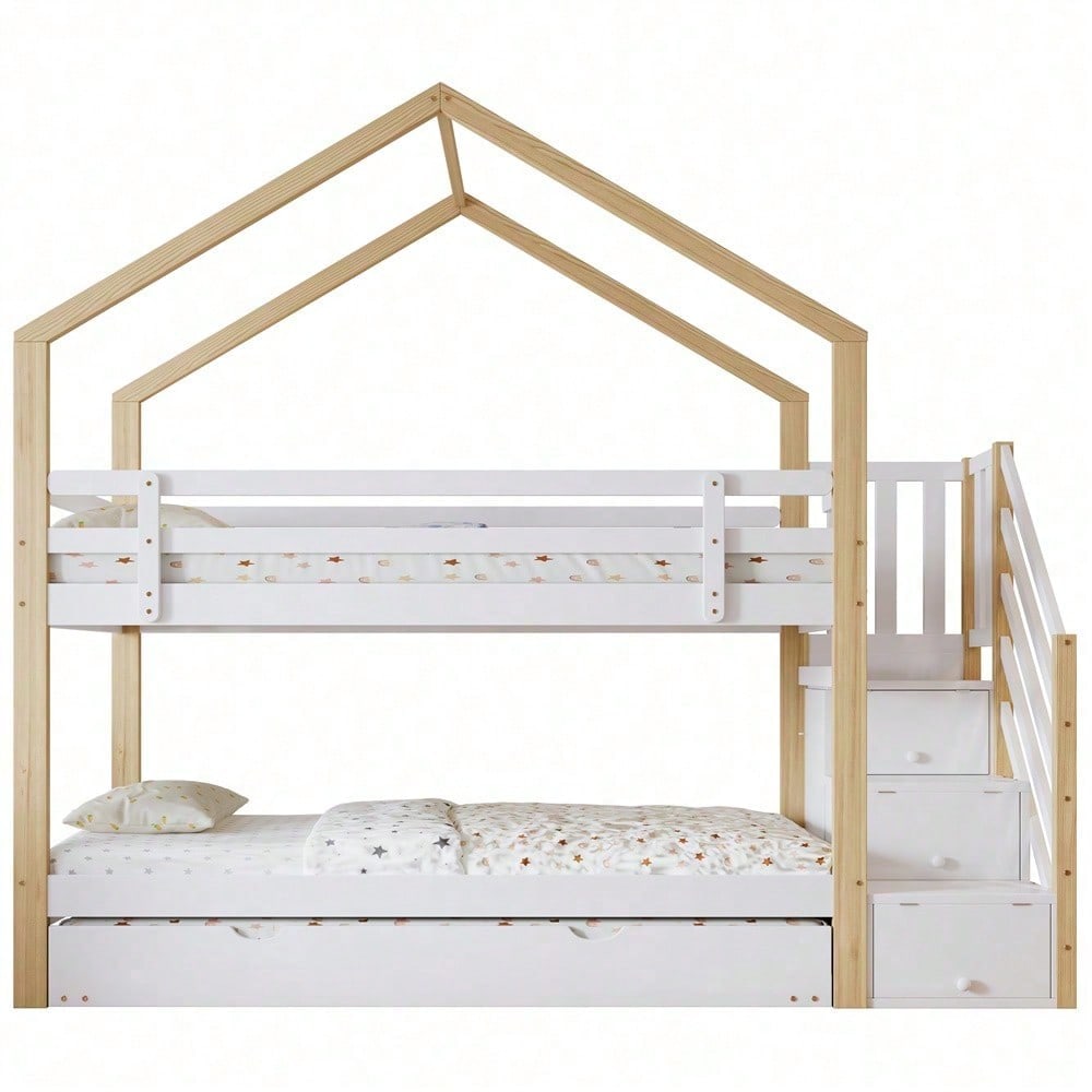 Etagenbett, Ausziehbares Baumhausbett, Schiebebett, Treppe mit 3 Schubladen, Kinderbett mit Absturzsicherung und Kinderbettgitter, mit Lattenroste, Natur+Weiß (90x200cm&90x190cm)