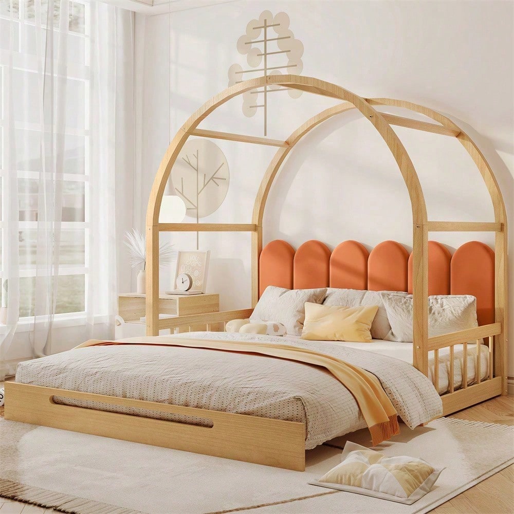Erweiterbares Gewölbtes Dachbett, Schiebebett, Kinderbett, Tagesbett, Doppelbett, Samtkissen, Rahmen aus Kiefernholz, Natur und Orange (140x100cm&140x200cm)