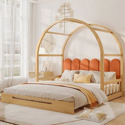 Erweiterbares Gewölbtes Dachbett, Schiebebett, Kinderbett, Tagesbett, Doppelbett, Samtkissen, Rahmen aus Kiefernholz, Natur und Orange (140x100cm&140x200cm)
