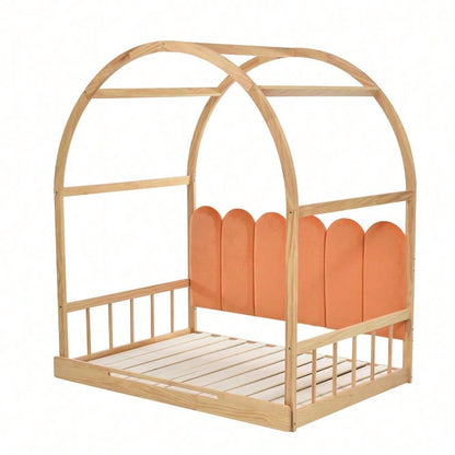 Erweiterbares Gewölbtes Dachbett, Schiebebett, Kinderbett, Tagesbett, Doppelbett, Samtkissen, Rahmen aus Kiefernholz, Natur und Orange (140x100cm&140x200cm)