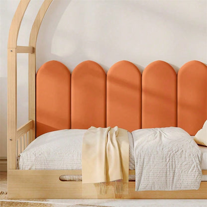 Erweiterbares Gewölbtes Dachbett, Schiebebett, Kinderbett, Tagesbett, Doppelbett, Samtkissen, Rahmen aus Kiefernholz, Natur und Orange (140x100cm&140x200cm)
