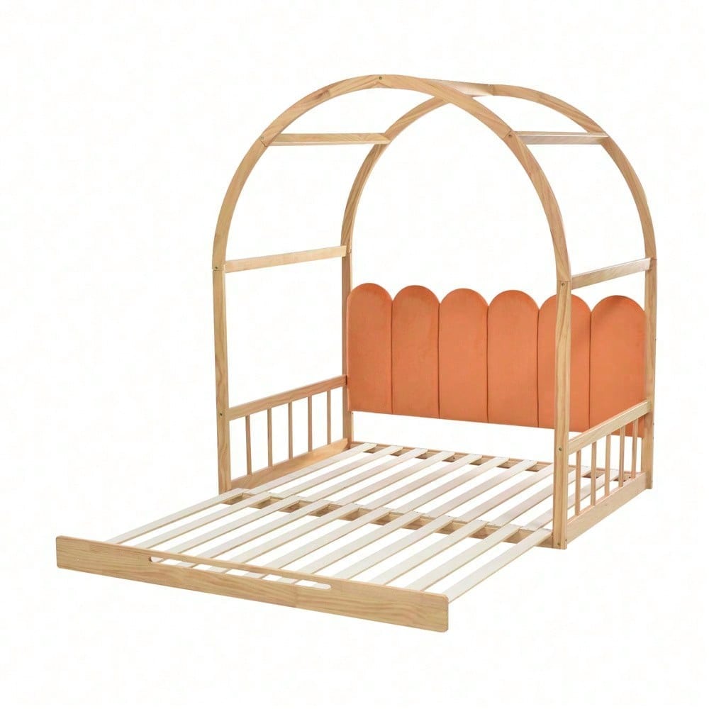Erweiterbares Gewölbtes Dachbett, Schiebebett, Kinderbett, Tagesbett, Doppelbett, Samtkissen, Rahmen aus Kiefernholz, Natur und Orange (140x100cm&140x200cm)