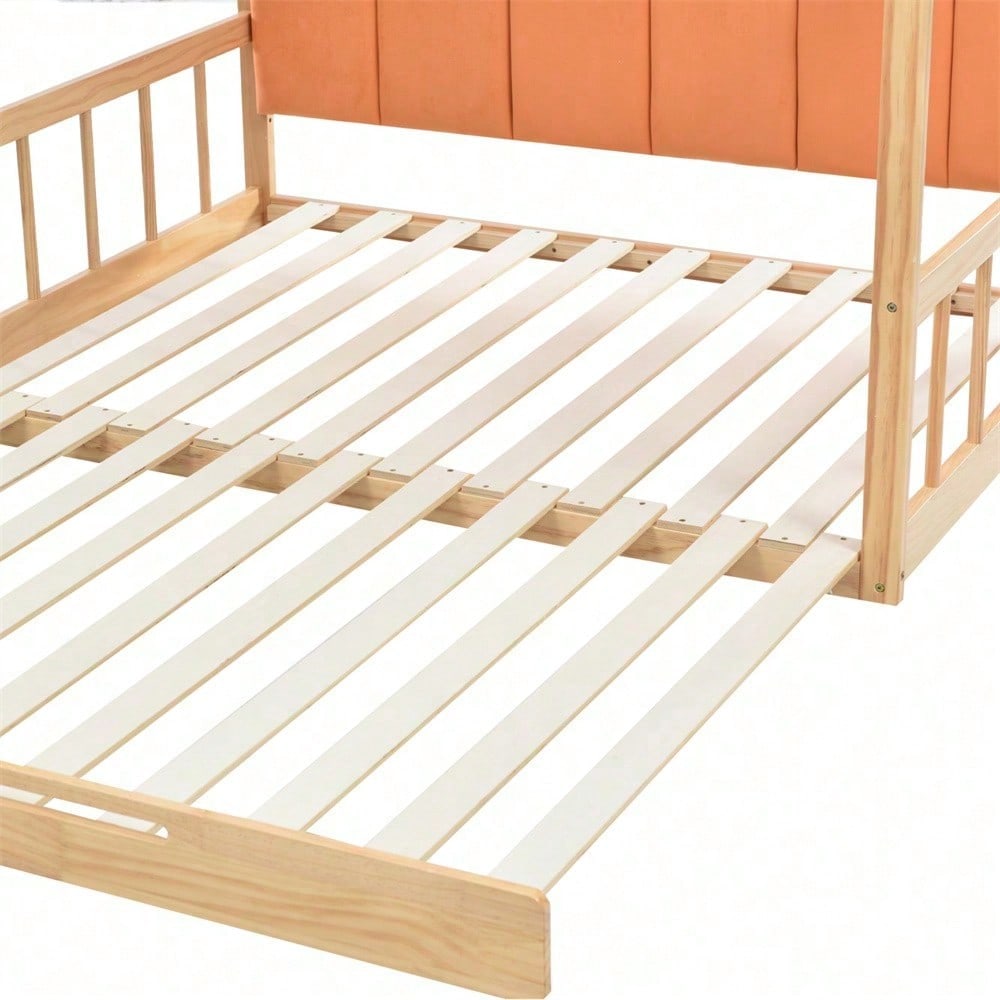 Erweiterbares Gewölbtes Dachbett, Schiebebett, Kinderbett, Tagesbett, Doppelbett, Samtkissen, Rahmen aus Kiefernholz, Natur und Orange (140x100cm&140x200cm)