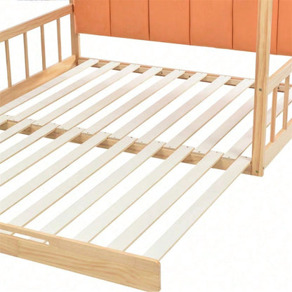 Erweiterbares Gewölbtes Dachbett, Schiebebett, Kinderbett, Tagesbett, Doppelbett, Samtkissen, Rahmen aus Kiefernholz, Natur und Orange (140x100cm&140x200cm)