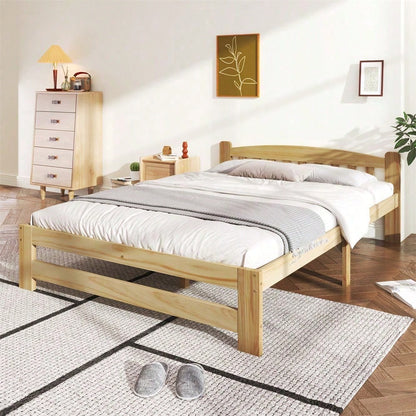 Solide Massivholzbett Futonbett, Doppelbett, Massivholz Natur Bett mit Kopfteil und Lattenroste, Jugendbett, Erwachsenenbett, Natur, 140x200 cm