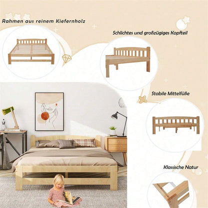 Solide Massivholzbett Futonbett, Doppelbett, Massivholz Natur Bett mit Kopfteil und Lattenroste, Jugendbett, Erwachsenenbett, Natur, 140x200 cm