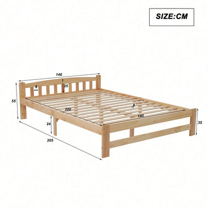 Solide Massivholzbett Futonbett, Doppelbett, Massivholz Natur Bett mit Kopfteil und Lattenroste, Jugendbett, Erwachsenenbett, Natur, 140x200 cm