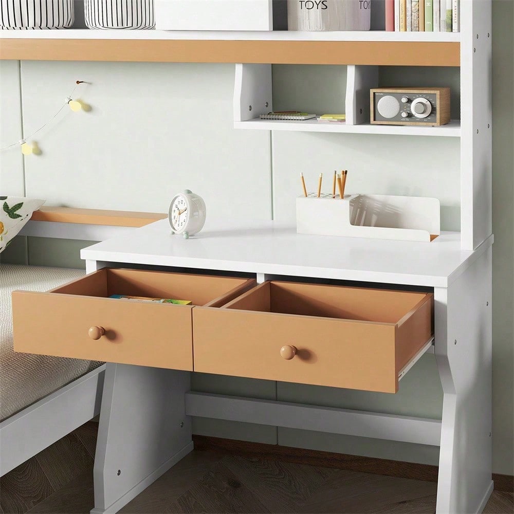 Kinderbett, mit Stauraumschrank, mit Tisch und Schubladen, Mit Schutzplatte und Lattenroste, L-Struktur, Weiß+Natur, Kiefer+MDF+Mehrschichtplatte, 90x200cm