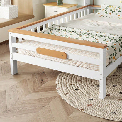 Kinderbett, mit Stauraumschrank, mit Tisch und Schubladen, Mit Schutzplatte und Lattenroste, L-Struktur, Weiß+Natur, Kiefer+MDF+Mehrschichtplatte, 90x200cm