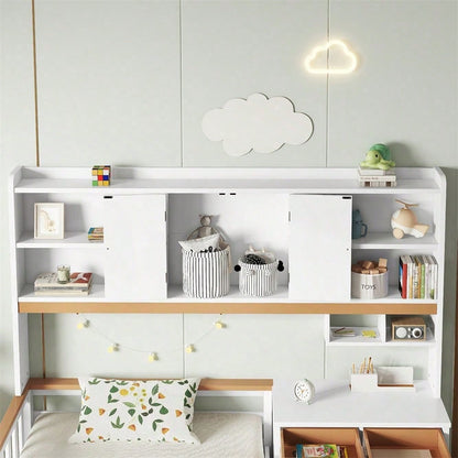 Kinderbett, mit Stauraumschrank, mit Tisch und Schubladen, Mit Schutzplatte und Lattenroste, L-Struktur, Weiß+Natur, Kiefer+MDF+Mehrschichtplatte, 90x200cm