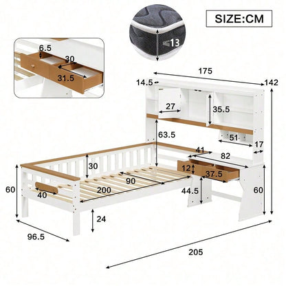 Kinderbett, mit Stauraumschrank, mit Tisch und Schubladen, Mit Schutzplatte und Lattenroste, L-Struktur, Weiß+Natur, Kiefer+MDF+Mehrschichtplatte, 90x200cm