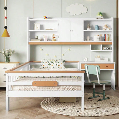 Kinderbett, mit Stauraumschrank, mit Tisch und Schubladen, Mit Schutzplatte und Lattenroste, L-Struktur, Weiß+Natur, Kiefer+MDF+Mehrschichtplatte, 90x200cm