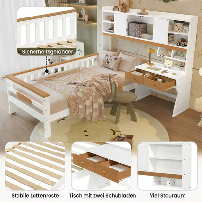 Kinderbett, mit Stauraumschrank, mit Tisch und Schubladen, Mit Schutzplatte und Lattenroste, L-Struktur, Weiß+Natur, Kiefer+MDF+Mehrschichtplatte, 90x200cm