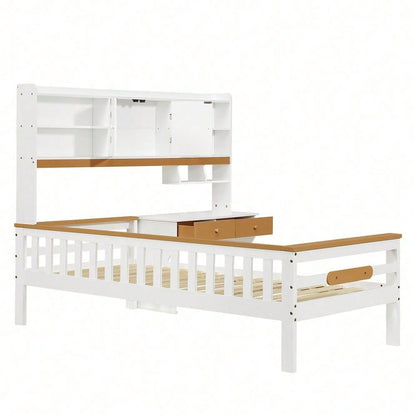 Kinderbett, mit Stauraumschrank, mit Tisch und Schubladen, Mit Schutzplatte und Lattenroste, L-Struktur, Weiß+Natur, Kiefer+MDF+Mehrschichtplatte, 90x200cm