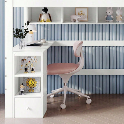 Etagenbett, Kinderbett, mit Fallschutzgitter, mit Tisch und Kleiderschrank, Offenes Regal, Reichlich Stauraum, Mit vierstufiger Leiter, Kiefer+MDF+Sperrholz, Weiß+Natur, 90x200cm