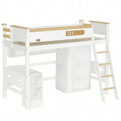 Etagenbett, Kinderbett, mit Fallschutzgitter, mit Tisch und Kleiderschrank, Offenes Regal, Reichlich Stauraum, Mit vierstufiger Leiter, Kiefer+MDF+Sperrholz, Weiß+Natur, 90x200cm