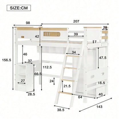 Etagenbett, Kinderbett, mit Fallschutzgitter, mit Tisch und Kleiderschrank, Offenes Regal, Reichlich Stauraum, Mit vierstufiger Leiter, Kiefer+MDF+Sperrholz, Weiß+Natur, 90x200cm