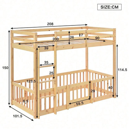 Etagenbett mit rechtwinkliger Treppe, Bett mit Zäune und Türchen, Kinderbett mit Fallschutz und Gitter, Massivholz, natur (200x90cm)