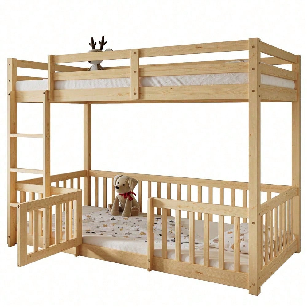 Etagenbett mit rechtwinkliger Treppe, Bett mit Zäune und Türchen, Kinderbett mit Fallschutz und Gitter, Massivholz, natur (200x90cm)
