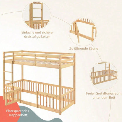 Etagenbett mit rechtwinkliger Treppe, Bett mit Zäune und Türchen, Kinderbett mit Fallschutz und Gitter, Massivholz, natur (200x90cm)