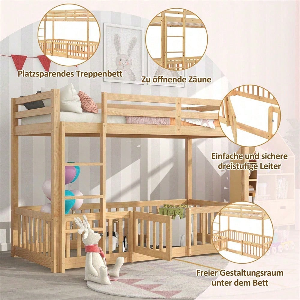 Etagenbett mit rechtwinkliger Treppe, Bett mit Zäune und Türchen, Kinderbett mit Fallschutz und Gitter, Massivholz, natur (200x90cm)