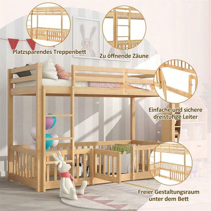 Etagenbett mit rechtwinkliger Treppe, Bett mit Zäune und Türchen, Kinderbett mit Fallschutz und Gitter, Massivholz, natur (200x90cm)