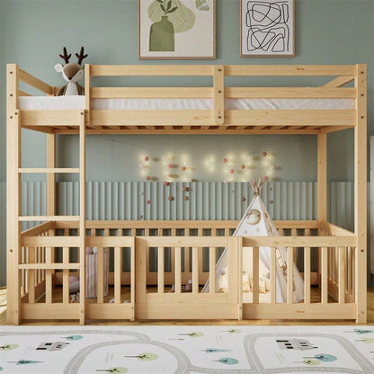Etagenbett mit rechtwinkliger Treppe, Bett mit Zäune und Türchen, Kinderbett mit Fallschutz und Gitter, Massivholz, natur (200x90cm)