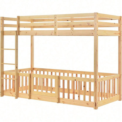 Etagenbett mit rechtwinkliger Treppe, Bett mit Zäune und Türchen, Kinderbett mit Fallschutz und Gitter, Massivholz, natur (200x90cm)