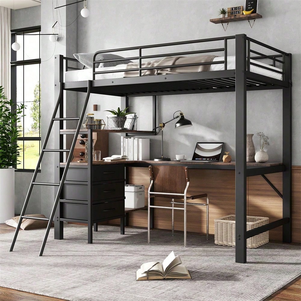 Eisenbett, Etagenbett, Geeignet für Kinder und Heranwachsende, Drei Schubladen, Mit 2m langer Tisch, Schräge Leiter mit vier Stufen, Eisen+Spanplatte, Schwarz+Dunkle Walnuss, 90x200cm