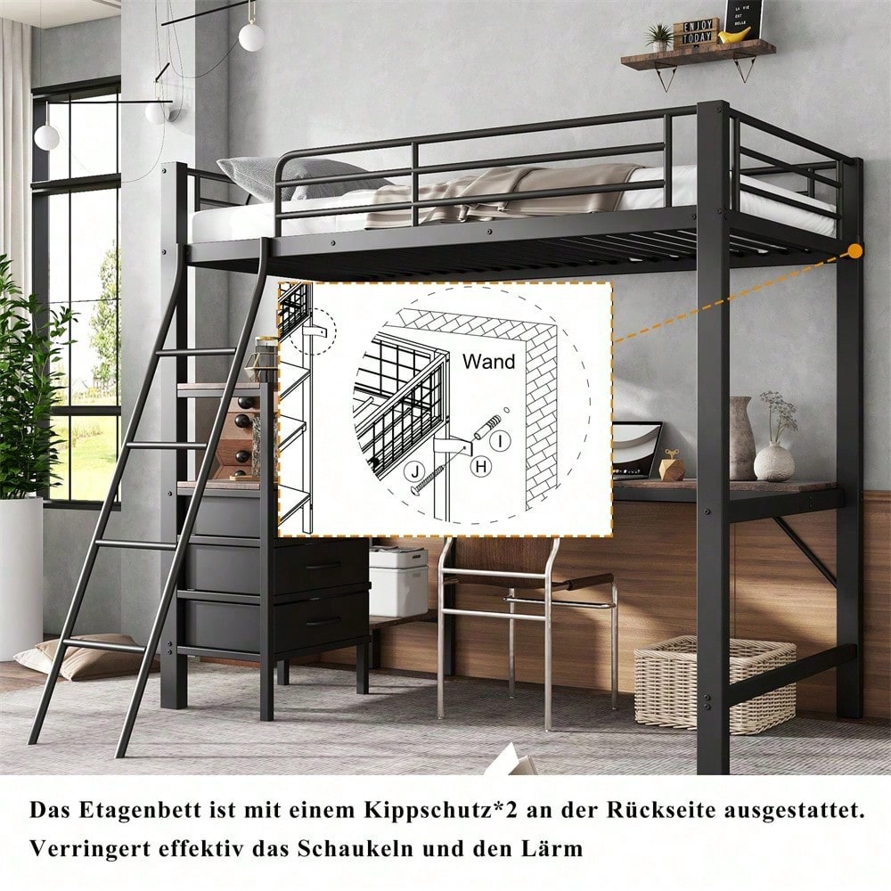 Eisenbett, Etagenbett, Geeignet für Kinder und Heranwachsende, Drei Schubladen, Mit 2m langer Tisch, Schräge Leiter mit vier Stufen, Eisen+Spanplatte, Schwarz+Dunkle Walnuss, 90x200cm