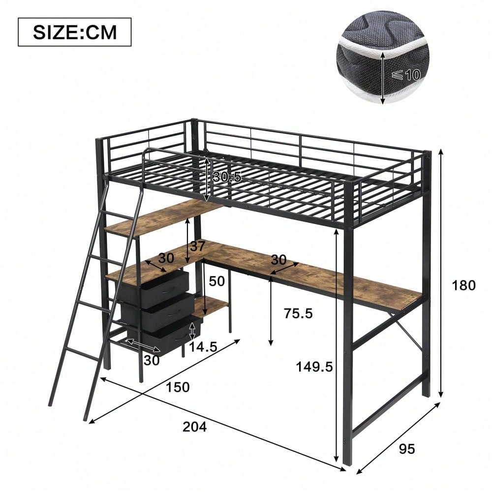 Eisenbett, Etagenbett, Geeignet für Kinder und Heranwachsende, Drei Schubladen, Mit 2m langer Tisch, Schräge Leiter mit vier Stufen, Eisen+Spanplatte, Schwarz+Dunkle Walnuss, 90x200cm