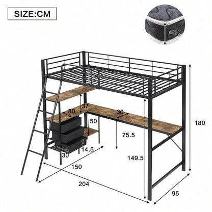 Eisenbett, Etagenbett, Geeignet für Kinder und Heranwachsende, Drei Schubladen, Mit 2m langer Tisch, Schräge Leiter mit vier Stufen, Eisen+Spanplatte, Schwarz+Dunkle Walnuss, 90x200cm