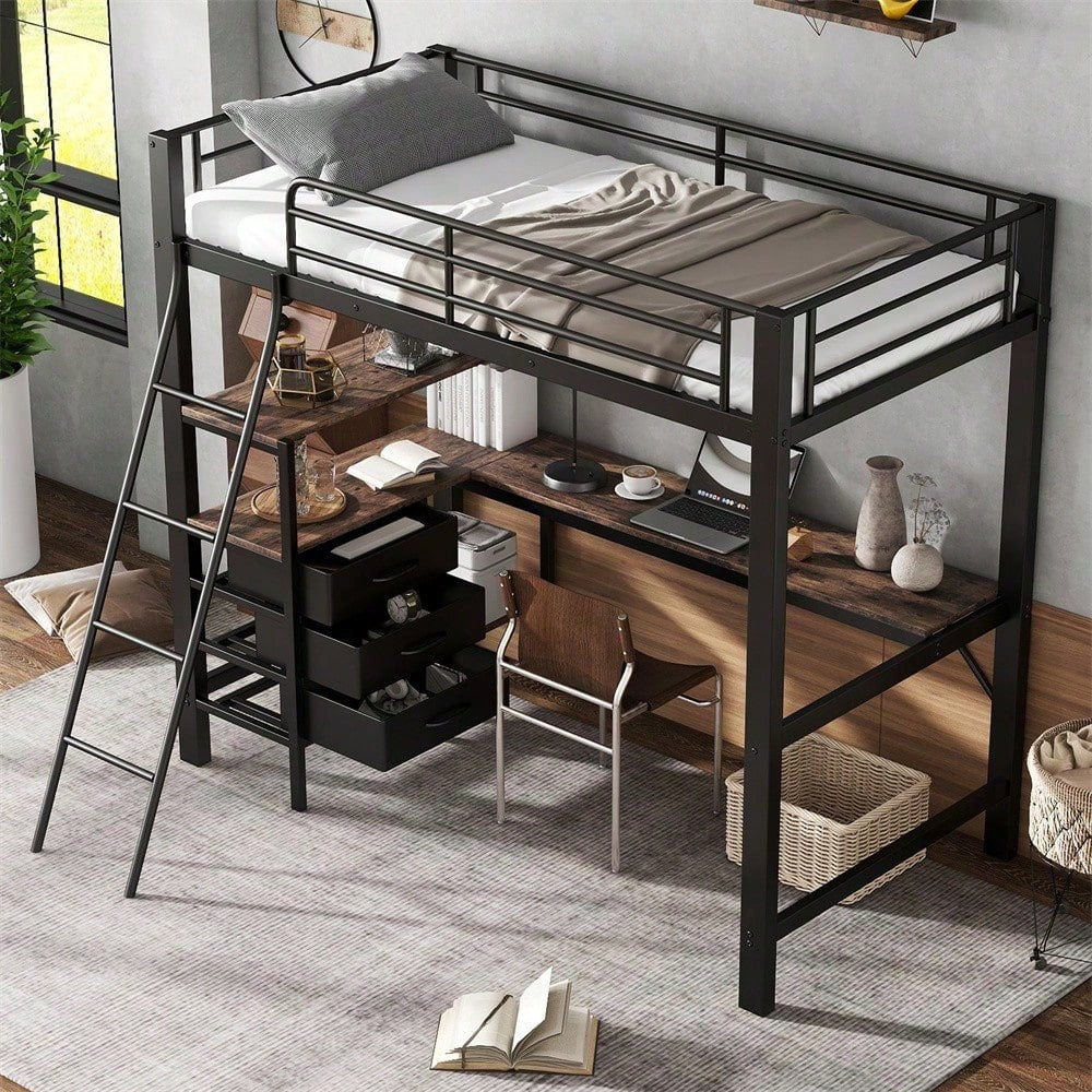 Eisenbett, Etagenbett, Geeignet für Kinder und Heranwachsende, Drei Schubladen, Mit 2m langer Tisch, Schräge Leiter mit vier Stufen, Eisen+Spanplatte, Schwarz+Dunkle Walnuss, 90x200cm