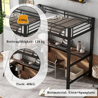 Eisenbett, Etagenbett, Geeignet für Kinder und Heranwachsende, Drei Schubladen, Mit 2m langer Tisch, Schräge Leiter mit vier Stufen, Eisen+Spanplatte, Schwarz+Dunkle Walnuss, 90x200cm
