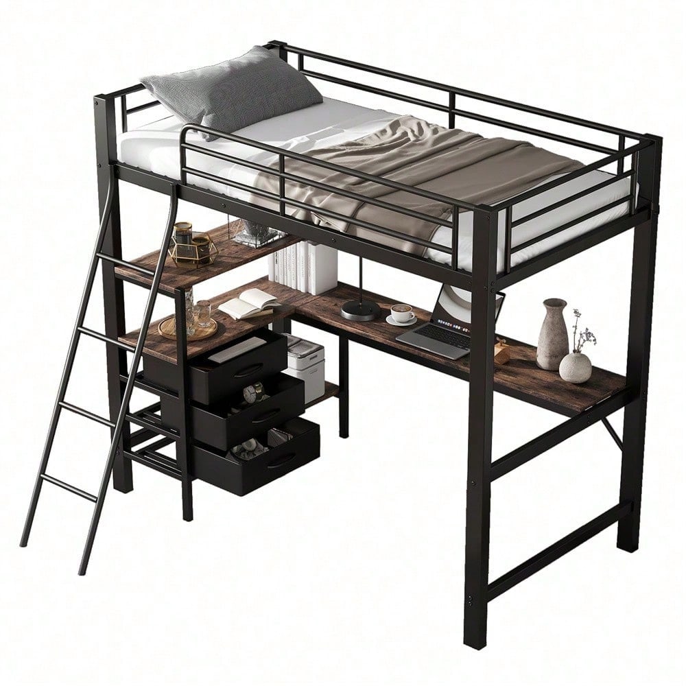 Eisenbett, Etagenbett, Geeignet für Kinder und Heranwachsende, Drei Schubladen, Mit 2m langer Tisch, Schräge Leiter mit vier Stufen, Eisen+Spanplatte, Schwarz+Dunkle Walnuss, 90x200cm