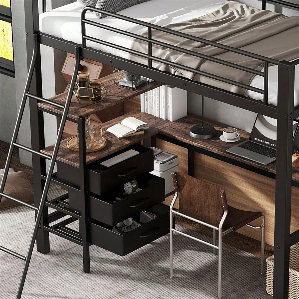 Eisenbett, Etagenbett, Geeignet für Kinder und Heranwachsende, Drei Schubladen, Mit 2m langer Tisch, Schräge Leiter mit vier Stufen, Eisen+Spanplatte, Schwarz+Dunkle Walnuss, 90x200cm