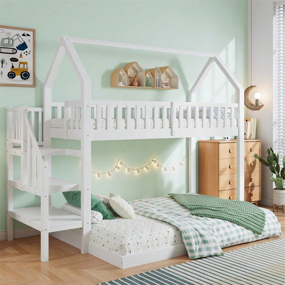 ]Etagenbett, Hausbett mit Treppe, Kinderbett mit Fallschutz und Gitter, Rahmen aus Kiefer, weiß (90x200&140*190cm)
