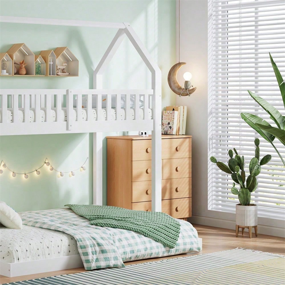 ]Etagenbett, Hausbett mit Treppe, Kinderbett mit Fallschutz und Gitter, Rahmen aus Kiefer, weiß (90x200&140*190cm)