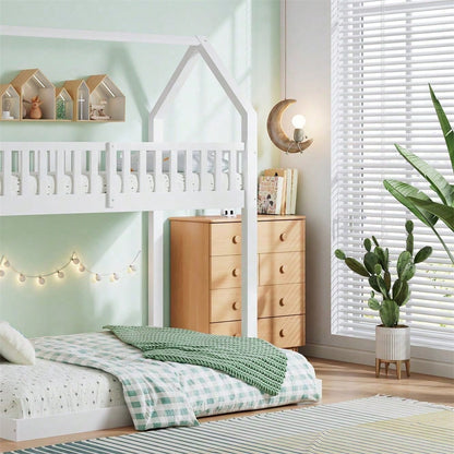 ]Etagenbett, Hausbett mit Treppe, Kinderbett mit Fallschutz und Gitter, Rahmen aus Kiefer, weiß (90x200&140*190cm)