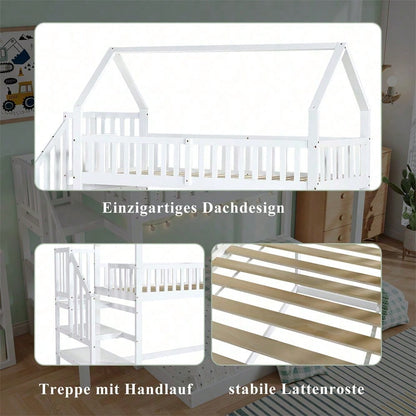 ]Etagenbett, Hausbett mit Treppe, Kinderbett mit Fallschutz und Gitter, Rahmen aus Kiefer, weiß (90x200&140*190cm)