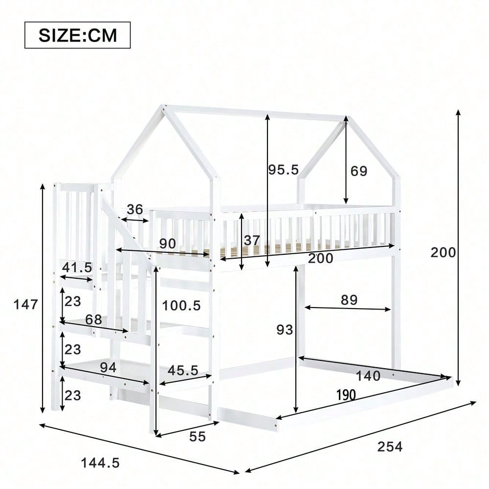 ]Etagenbett, Hausbett mit Treppe, Kinderbett mit Fallschutz und Gitter, Rahmen aus Kiefer, weiß (90x200&140*190cm)