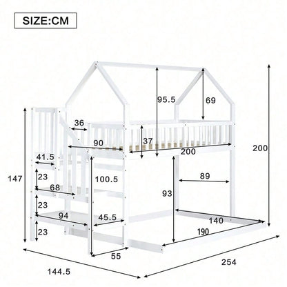 ]Etagenbett, Hausbett mit Treppe, Kinderbett mit Fallschutz und Gitter, Rahmen aus Kiefer, weiß (90x200&140*190cm)