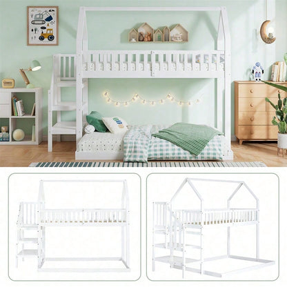]Etagenbett, Hausbett mit Treppe, Kinderbett mit Fallschutz und Gitter, Rahmen aus Kiefer, weiß (90x200&140*190cm)