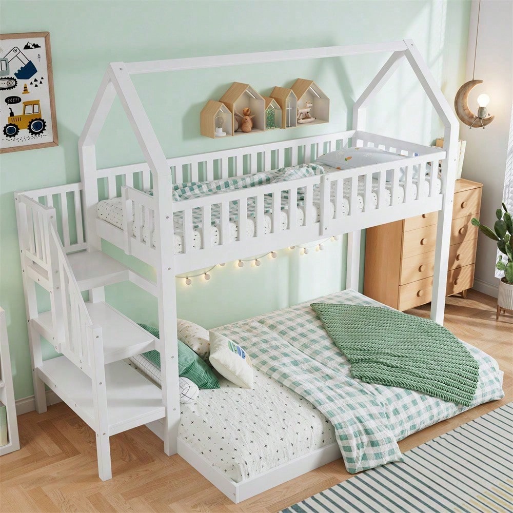 ]Etagenbett, Hausbett mit Treppe, Kinderbett mit Fallschutz und Gitter, Rahmen aus Kiefer, weiß (90x200&140*190cm)